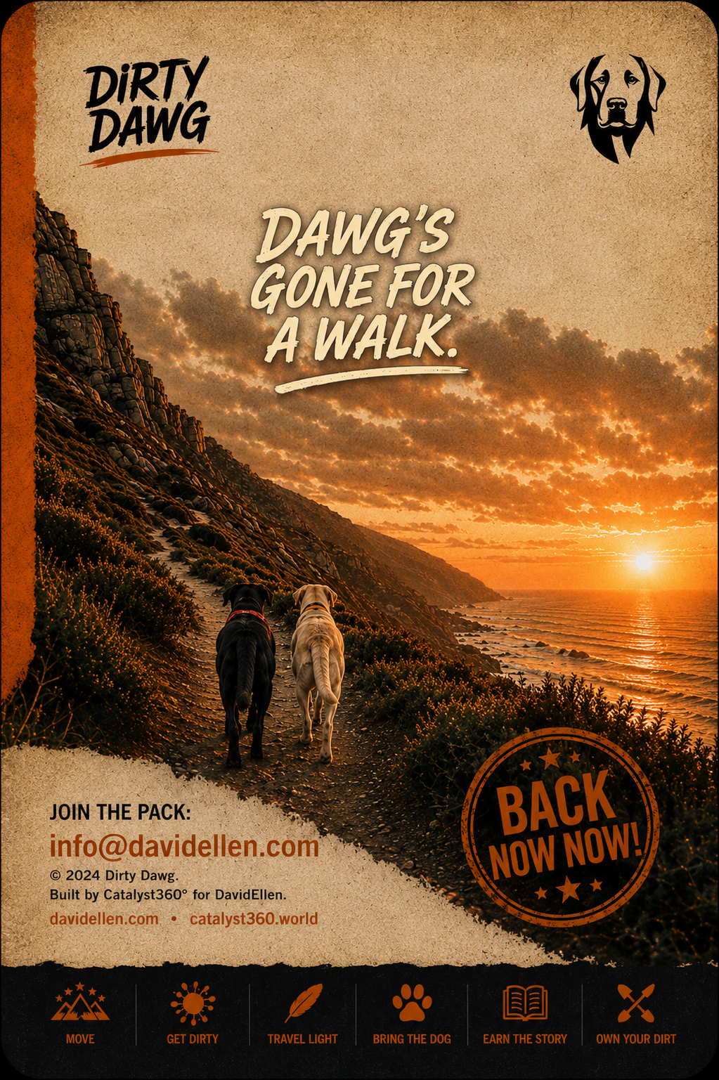 Dirty Dawg holding page poster showing two Labradors walking along a coastal path at sunset. Dawg's gone for a walk. Back now now.