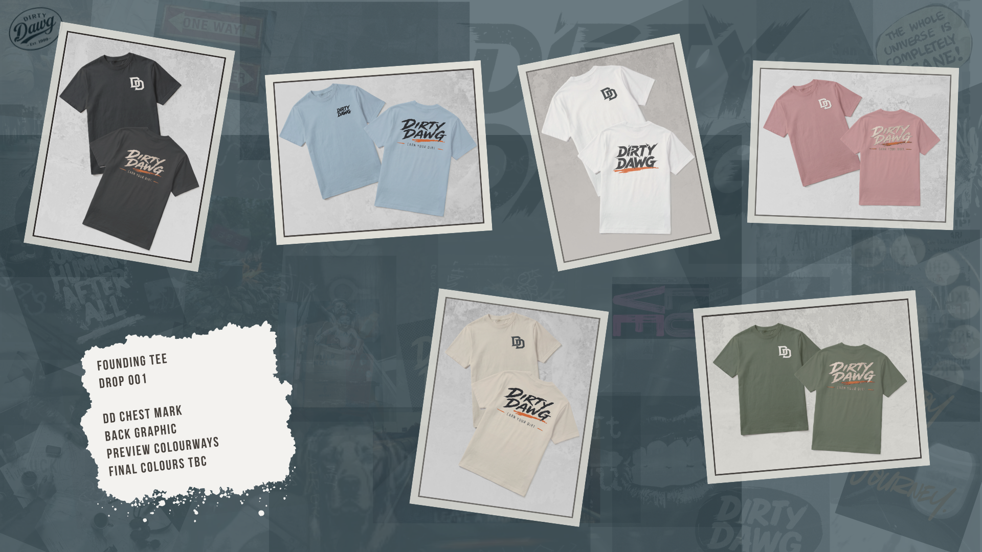 Founding Tee Drop 001 product board showing six preview colourways.