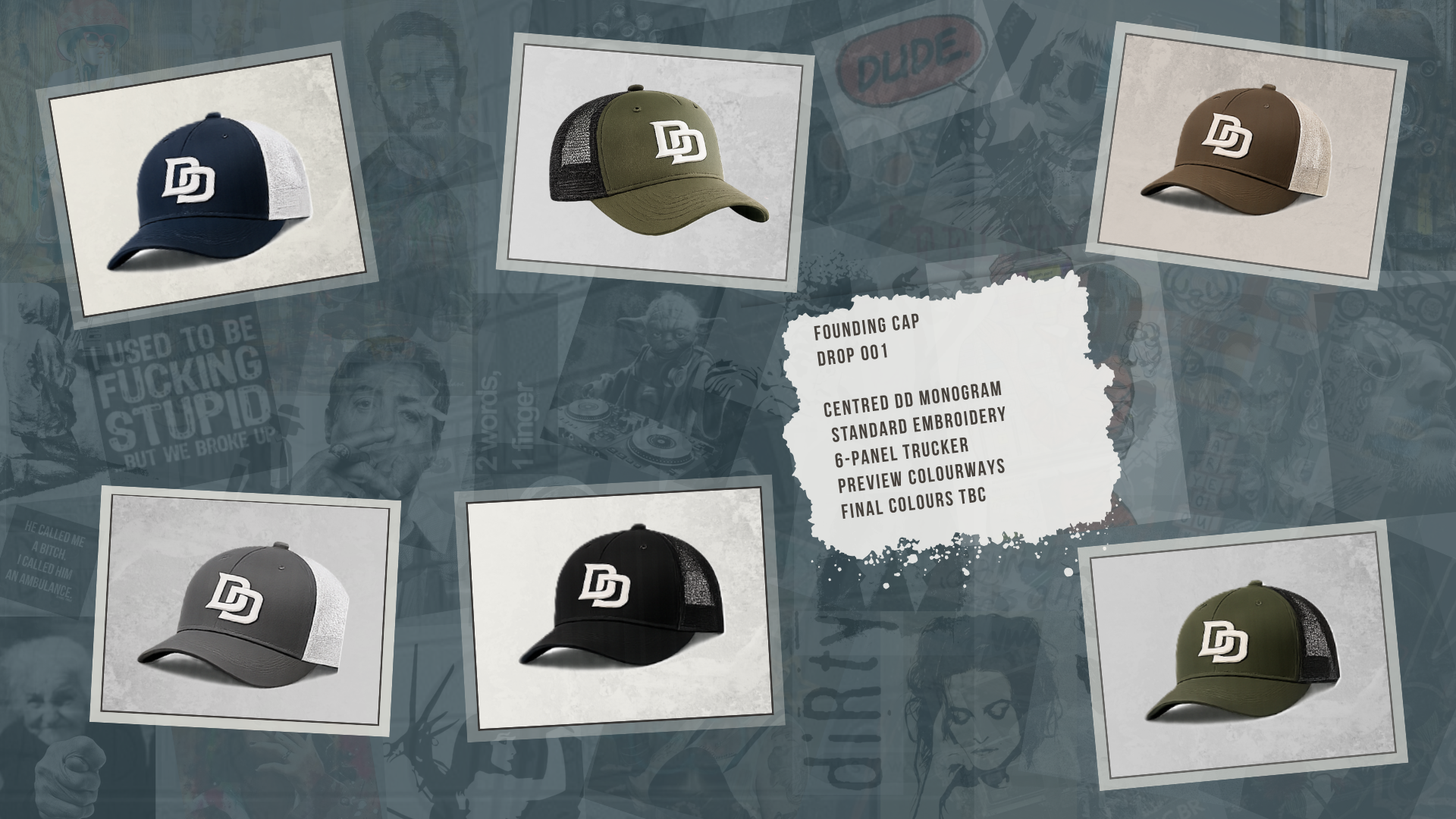 Founding Cap Drop 001 product board showing six preview colourways.