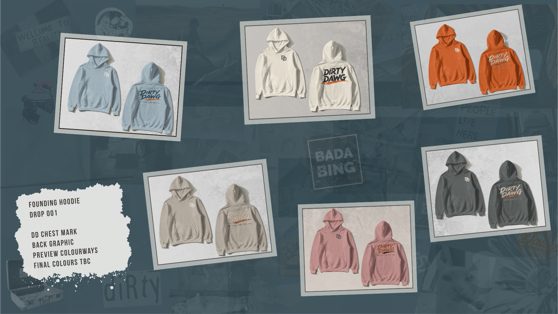 Founding Hoodie Drop 001 product board showing six preview colourways.
